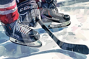 A detailed view of the shoes worn by a hockey goalie on the icy playing surface, Illustration of a close-up of ice hockey gear,