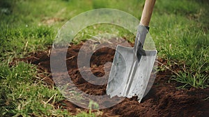 Detailed View of a Shovel Inside a Freshly Dug Grave. Concept Dark Themes, Macabre Photography,