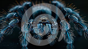 Close-up of vibrant blue tarantula on dark background photo