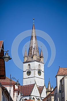 Detailed view of the sibiu lutheran cathedral with colorful tiles