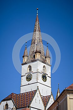 Detailed view of the sibiu lutheran cathedral tower.