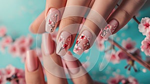 Detailed view of spring-inspired nail art with floral pattern.