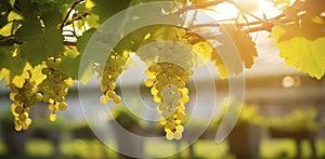 A Detailed View of Sprouting Vines with Yellow Grapes, Artfully Tied to Metal Structures, Against a Sunny, Colorful Backdrop