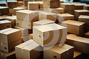 Detailed view: stacked cardboard boxes, online shopping or moving day theme