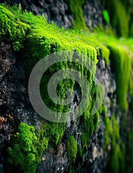 A detailed view of stone wall covered in brightly colored moss