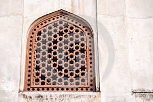 Detailed view of stone work in a window at Humayan`s Tomb in New Delhi India