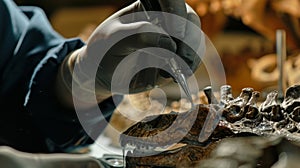 A detailed view of a technician using a specialized adhesive to piece together a fragile section of a dinosaur vertebra