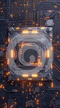 A detailed view of a technological matrix, showcasing the sophisticated pattern of glowing circuitry and connectors.