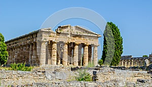 Detailed view of temple of Nettuno situated in ancient ruin complex in Paestum...IMAGE