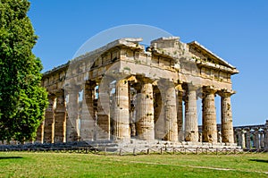 Detailed view of temple of Nettuno situated in ancient ruin complex in Paestum...IMAGE