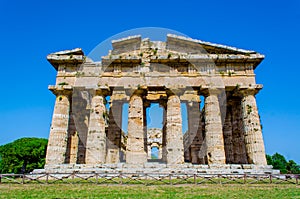 Detailed view of temple of Nettuno situated in ancient ruin complex in Paestum...IMAGE