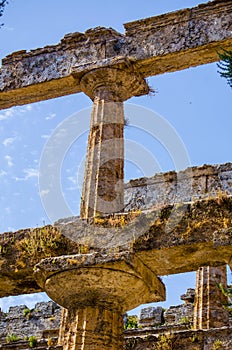 Detailed view of temple of Nettuno situated in ancient ruin complex in Paestum...IMAGE