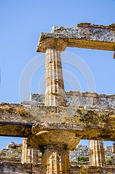 Detailed view of temple of Nettuno situated in ancient ruin complex in Paestum...IMAGE