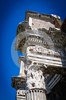 Detailed view of temple ruins in Roman Forum, Rome, Italy