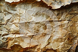 Detailed view of the texture and patterns on crumpled old brown paper , AI Generated