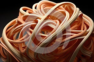 A detailed view of a tightly wound ball composed entirely of rubber bands, A flexible and pliant texture of a rubber band, AI