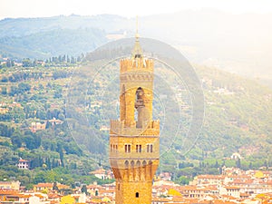 Detailed view of tower of Town Hall Palazzo Vecchio, or Palazzo della Signoria, Florence, Italy