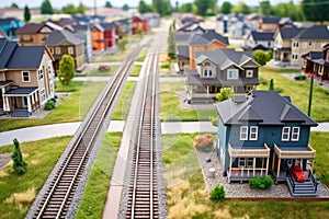 detailed view of train tracks near miniature houses
