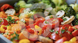 A detailed view of a variety of fresh and colorful vegetables neatly arranged on a tray