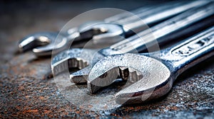 Detailed view of various metal adjustable and open-end wrenches arranged on a rustic surface showcasing workshop tools and repair