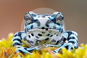 Detailed view of a vibrant azureus dart frog perched on a lush green moss covered surface