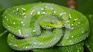 Detailed view of a vibrant green snake slithering through the lush jungle foliage