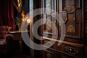 a detailed view of victorian era wooden armoire with ornate brass handles