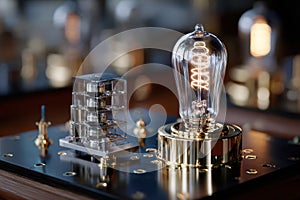Vintage style light bulb and electronic components on display in a modern workspace