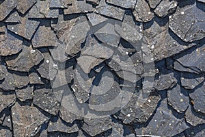 Detailed view of wall texture randomly lined with slate panels, typical and traditional shale stone material