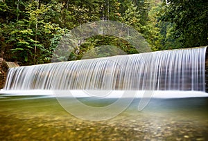 Detailed view of a water slide or a waterfall with blurred water