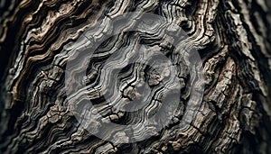 Detailed view of weathered tree bark, highlighting its complexity and the marks of time