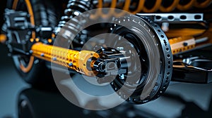 Detailed view of the wheel, tire, and brake system components on a motorcycle