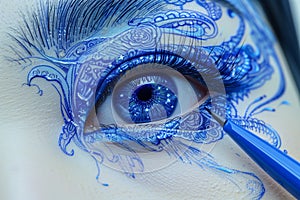 Detailed view of a womans eye adorned with precise blue eyeliner, highlighting the intricate makeup work