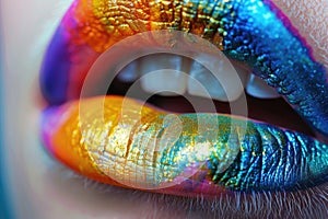 A detailed view of a womans mouth adorned with colorful lipstick, showcasing intricate artistry and vibrant shades