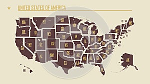 Detailed vintage map of the United States of America split into individual states with the abbreviations 50 states, vector photo