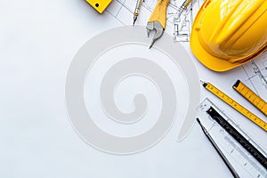 Engineer and Architect Tools with Blueprints on White Background