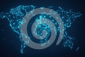 A Detailed Visualization of a World Map Representing Global Connectivity Through Nodes and