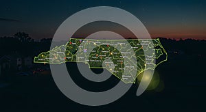 North Carolina Map with Cities in a Suburb setting
