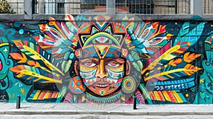 Detailed wall painting in a city, honoring indigenous cultures and their histories. Indigenous Peoples Day, August 9 photo