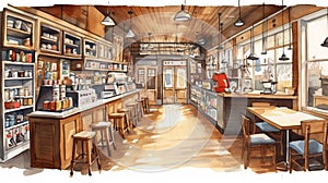 Detailed Watercolor Artwork Of Cozy Colectivo Coffee Interior