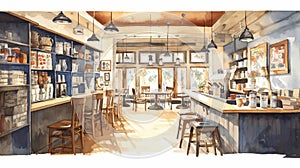 Detailed Watercolor Artwork Of Cozy Colectivo Coffee Interior