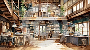 Detailed Watercolor Artwork Of Cozy Irving Farm Coffee Roasters Interior With Starbucks Elements