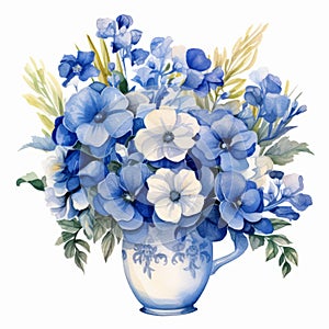 Detailed Watercolor Illustration Of Blue Flowers In A Vase