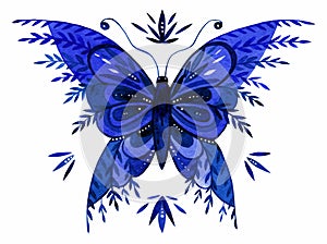 Detailed watercolor illustration of a butterfly in classic blue colors Panton 2020