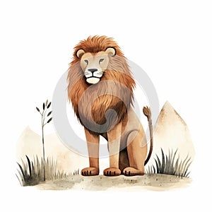 Detailed Watercolor Illustration Of A Majestic Lion In Jon Klassen Style