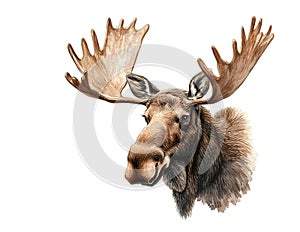 Detailed Watercolor Illustration of Majestic Moose Head with Large Antlers., Wildlife Art Portrait. Animals photo