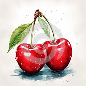 Detailed Watercolor Illustration Of Two Red Cherries With Hdr Effect