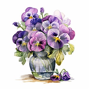 Detailed Watercolor Illustration Of Violet Pansies In A Vase photo