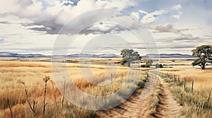 Detailed Watercolor Landscape: Dirt Road In Wheat Field