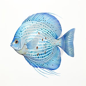 Detailed Watercolor Painting Of Blue Discus Fish On White Background